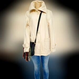 Michel Klein Paris Women Wool Blend Jacket Coat High Neck Patch Pockets Cream  S